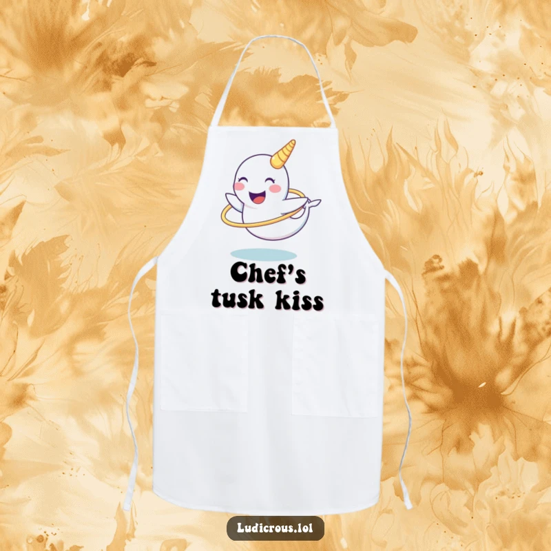 Funny narwhal apron depicting a laughing narwhal character attempting to hula hoop with its tusk, a humorous addition to any kitchen.