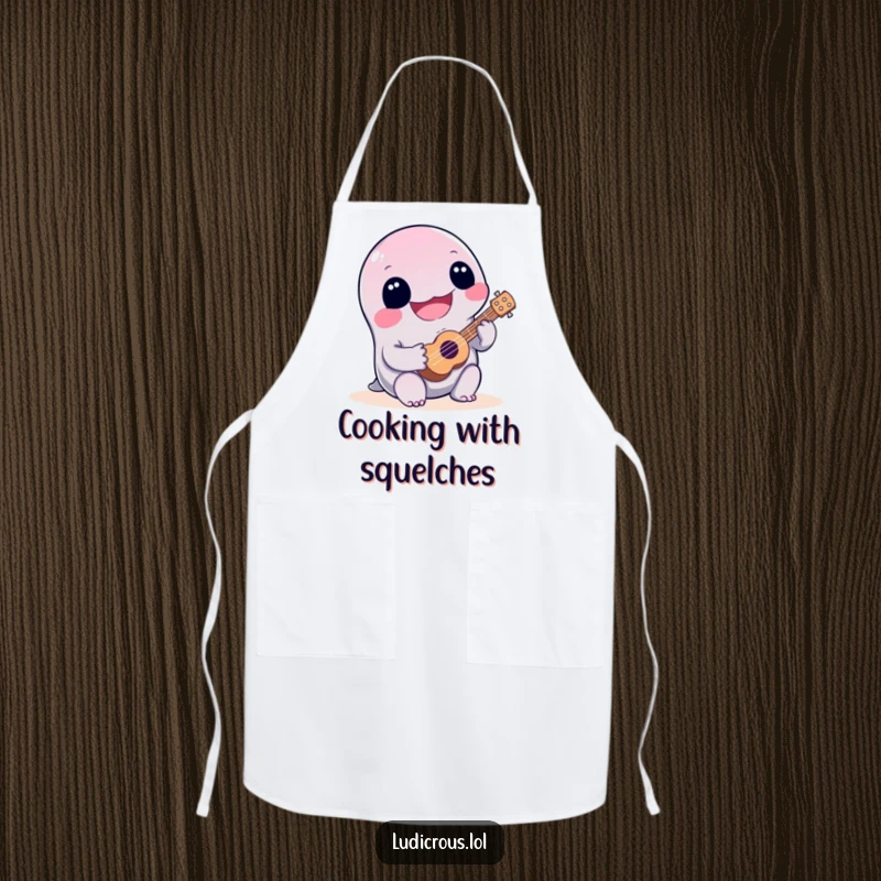 Funny, happy slime creature playing a tiny ukulele poorly, a comical and practical apron for kitchen entertainment.