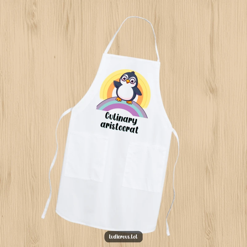Funny Penguin Apron, a happy penguin wearing a monocle, sliding down a rainbow, ready for kitchen elegance.