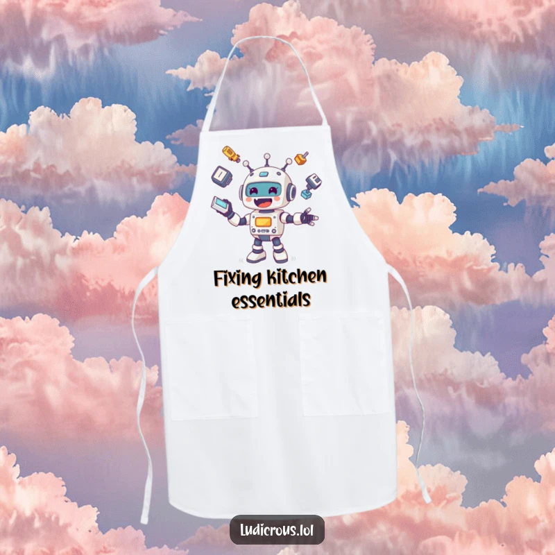 Funny apron showing a cheerful robot with a focused yet comical expression, juggling various body parts while standing in a kitchen setting.