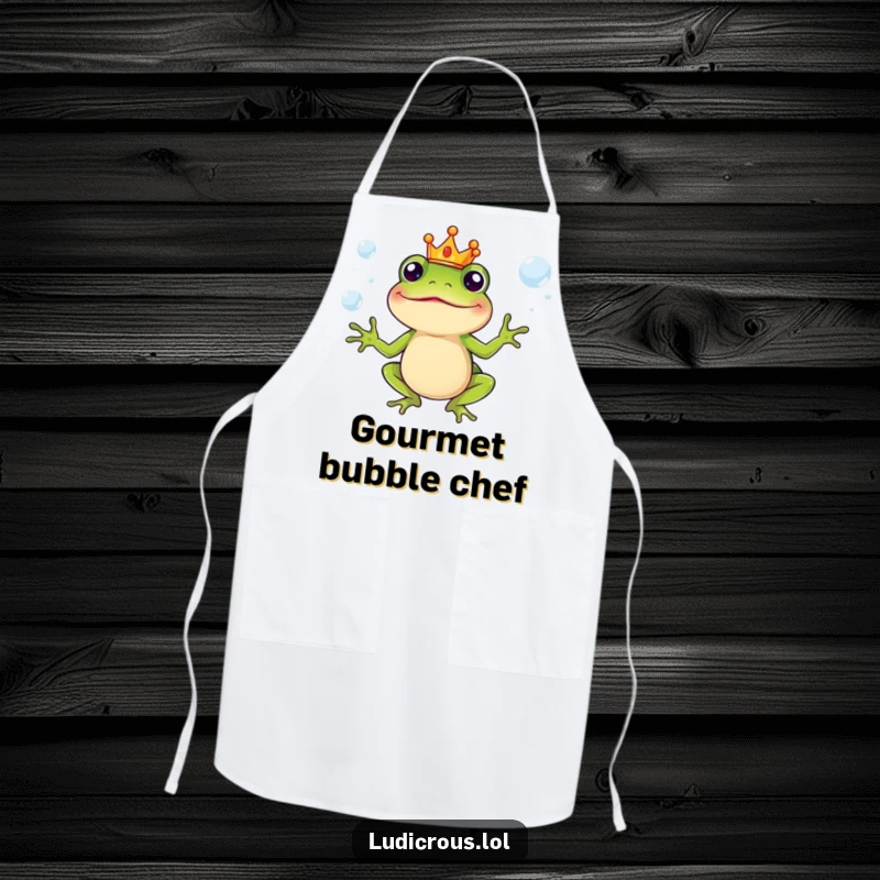 Funny Apron showing a silly frog character wearing a crown, juggling slippery soap bubbles while cooking.