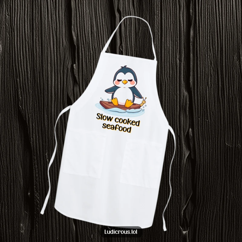 Funny Apron showing a perplexed penguin waterskiing behind a tiny, fast-moving snail, kitchen arctic humor.