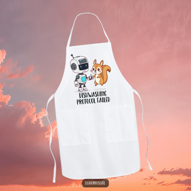 Funny Apron showing a confused robot attempting a high-five with a mischievous squirrel, kitchen tech humor.