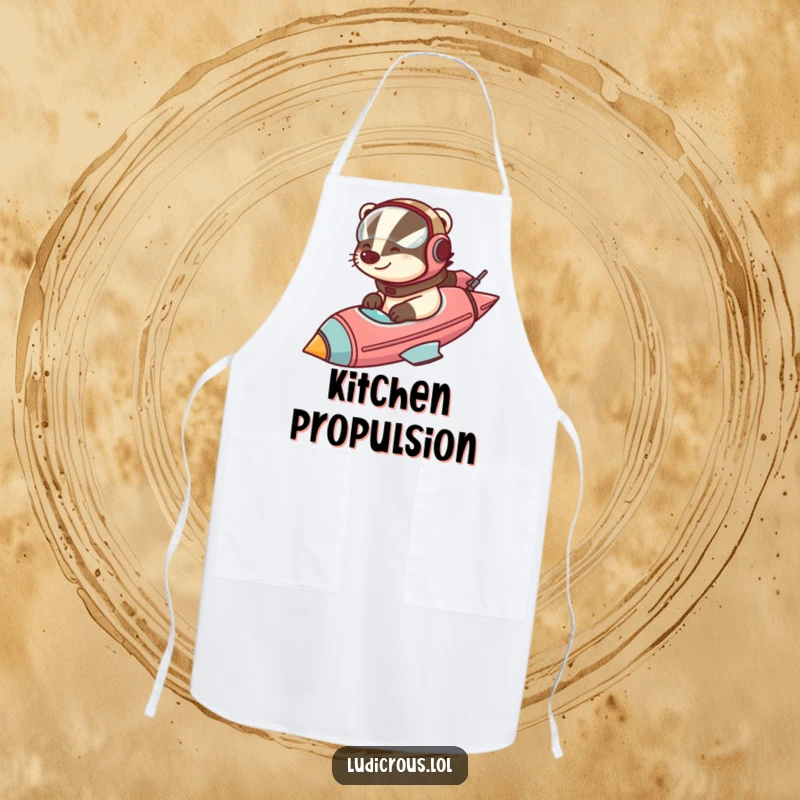 Funny badger wearing a helmet pilots a comically large rocketship, ready for a culinary mission, on a practical apron.