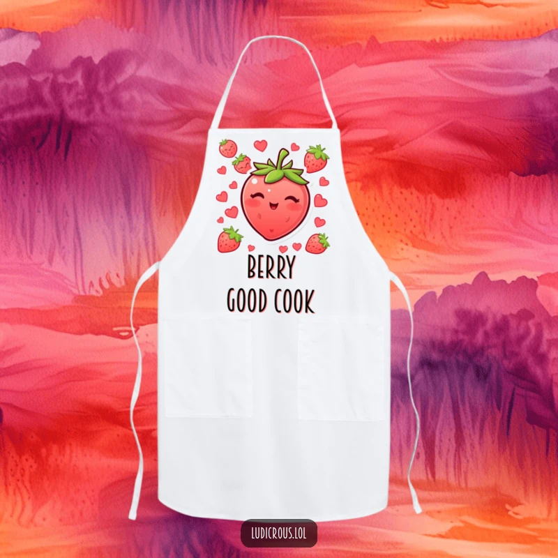 Funny blushing strawberry apron winking with its seeds, a cute and humorous kitchen accessory.