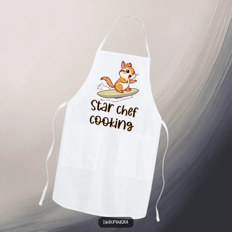Funny chef apron showing a chipmunk joyfully surfing a comet through space like a surfboard, adding humor to cooking endeavors.