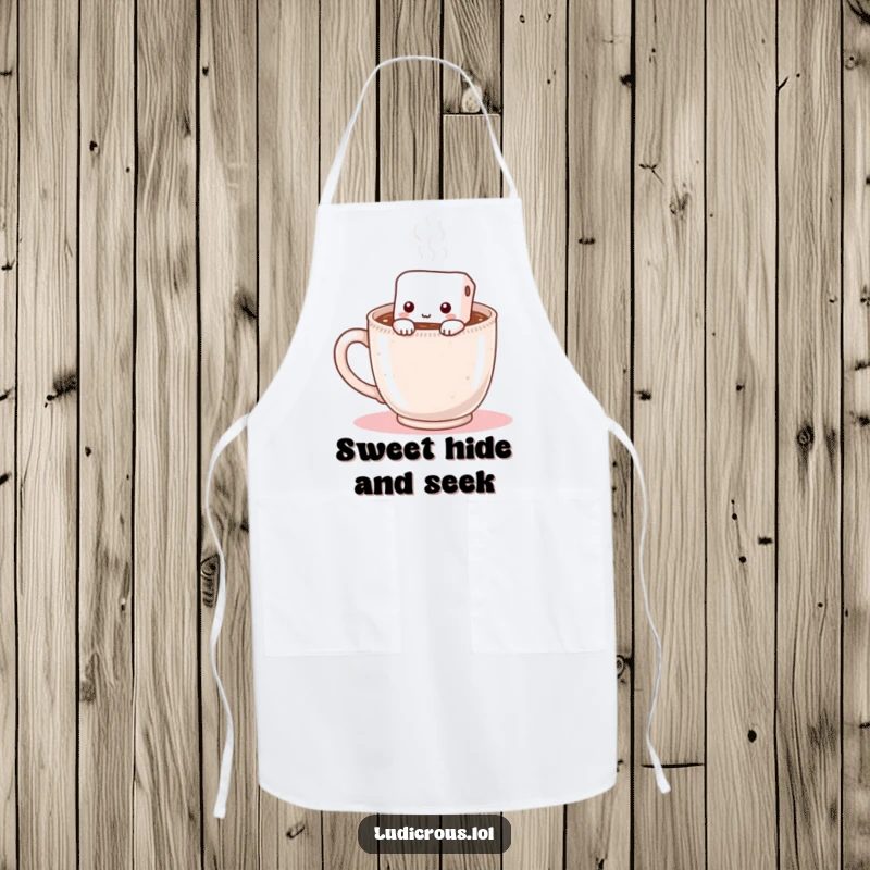 Funny apron depicting a shy marshmallow hiding inside a steaming mug of hot chocolate, a whimsical kitchen accessory.
