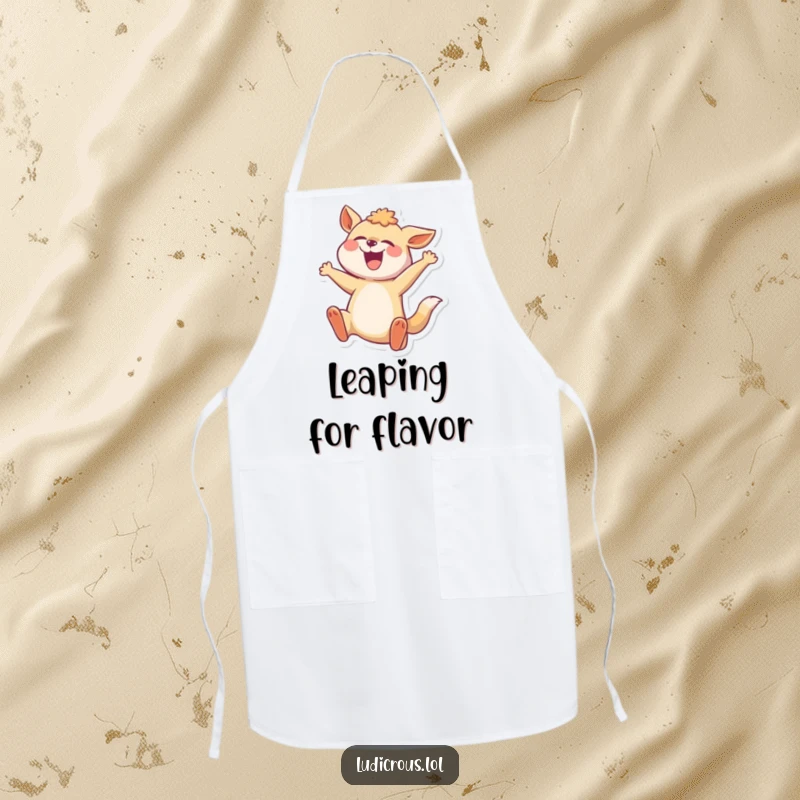 Funny apron featuring a joyful animal in a comically exaggerated mid-leap, perfect for a spirited chef.