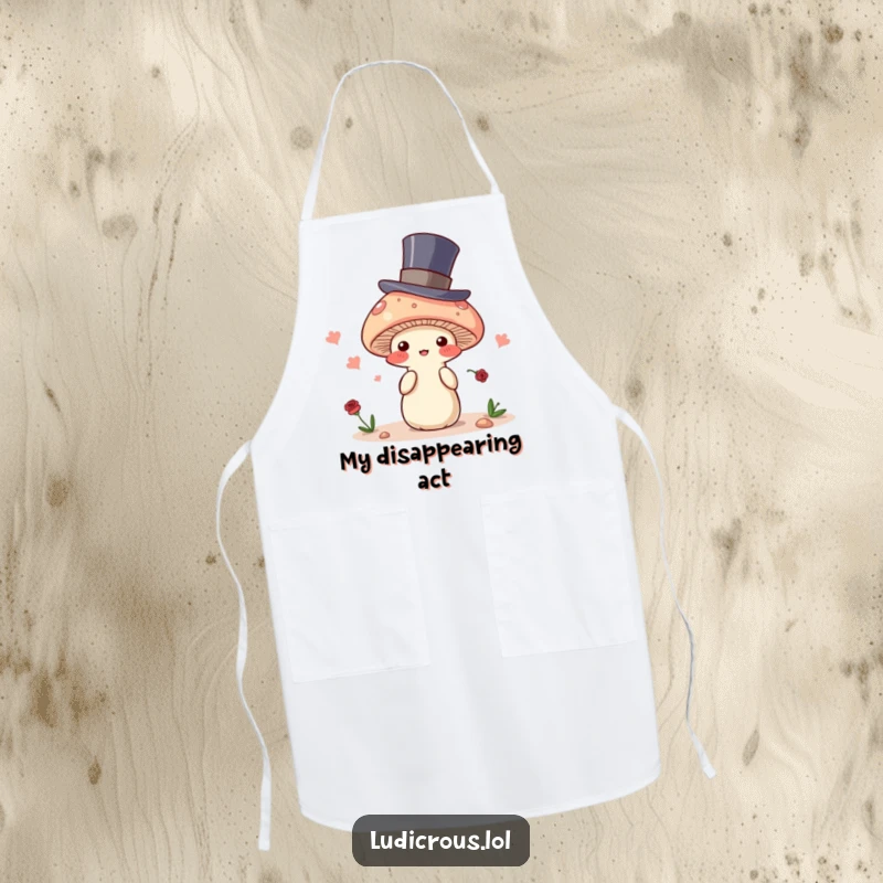 Funny apron featuring a blushing mushroom character in a top hat, attempting to disappear, perfect for kitchen fun and protecting clothes humorously.