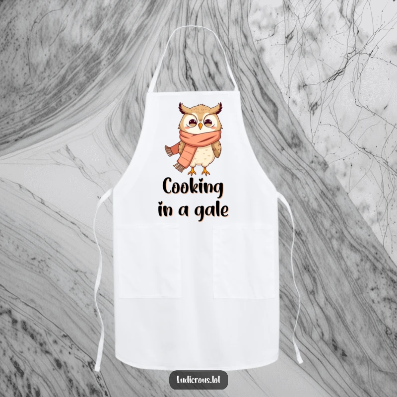 Funny apron showing a grinning owl in a massive scarf, comically blown about by strong winds while cooking.