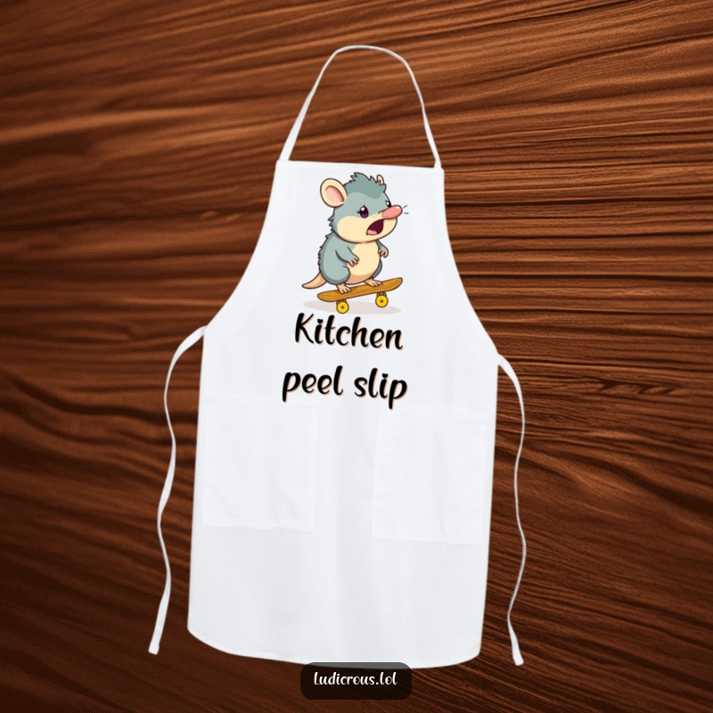 Funny platypus apron depicting a surprised platypus character skateboarding on a banana peel, a humorous addition to any kitchen.