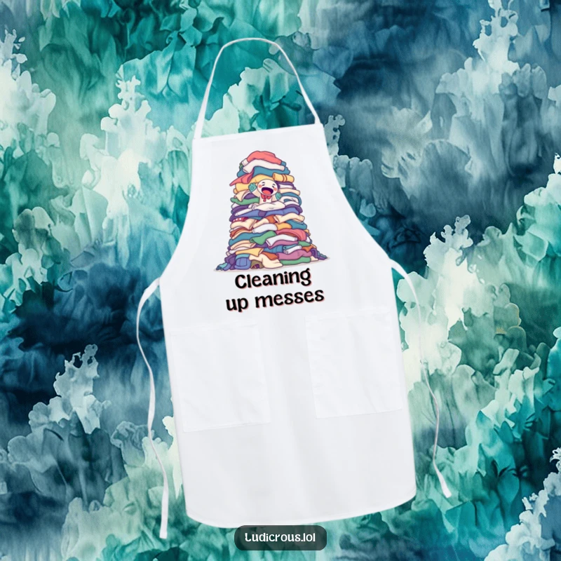 Funny apron featuring a determined sock puppet climbing a monumental pile of laundry, great for laundry day warriors.