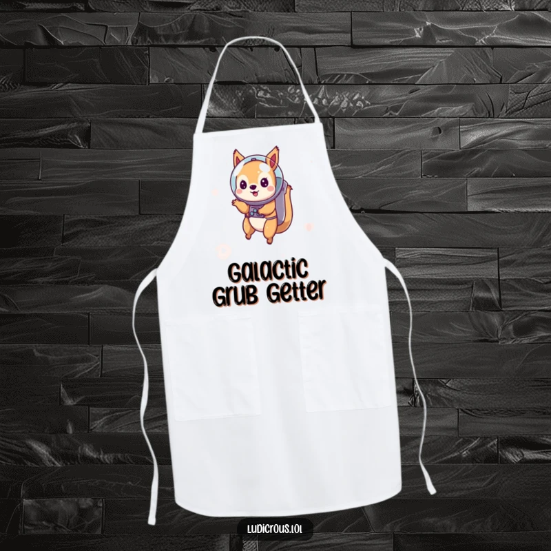 Funny apron featuring a playful squirrel astronaut floating in space, ideal for a humorous kitchen accessory or gift.