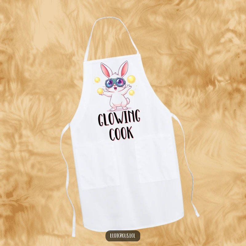 Funny rabbit in goggles energetically juggling glowing orbs on a humorous and functional cooking apron.