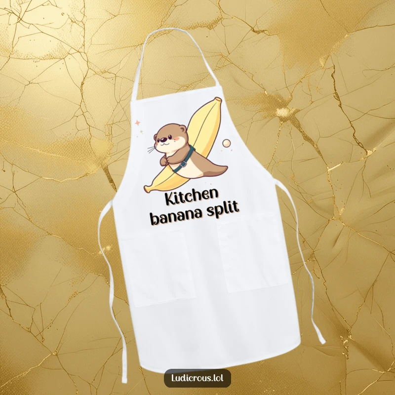 Funny chef apron showing an otter strapped to a giant banana flying through space, adding humorous cosmic flair to cooking.