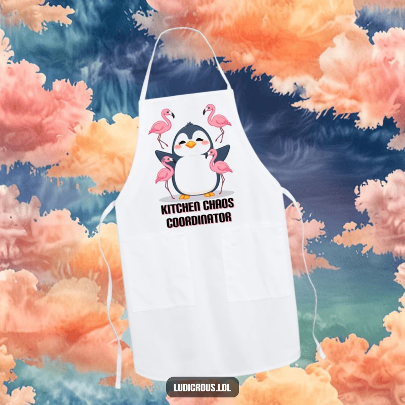 Funny apron with a silly penguin confusedly juggling three flamingos, ideal for a humorous kitchen accessory or gift.
