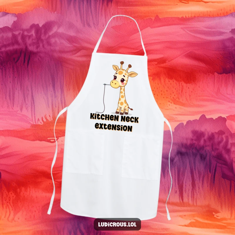 Funny giraffe apron depicting a wobbly giraffe character attempting to thread a needle with its long neck, a humorous addition to any workspace.
