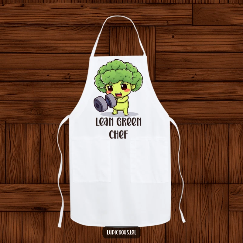 Funny broccoli floret apron, determinedly trying to lift a dumbbell, designed for healthy cooking with a humorous twist.
