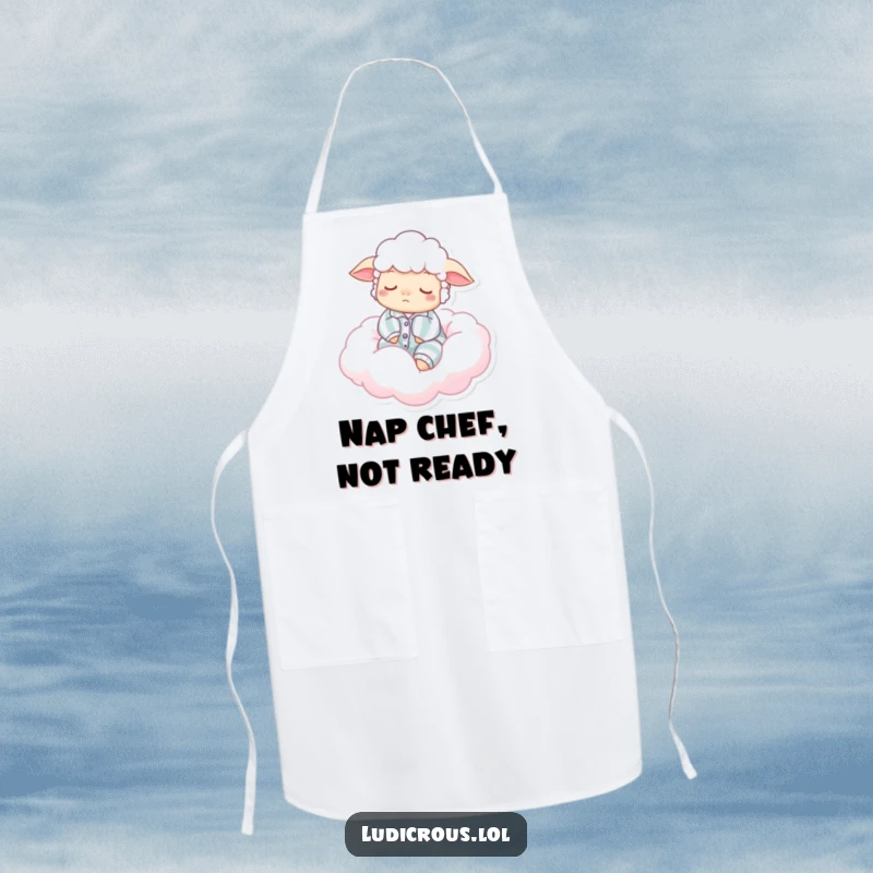 Funny apron showcasing a sleepy sheep in pajamas, floating on a cotton candy cloud, adding a humorous touch to kitchen wear.