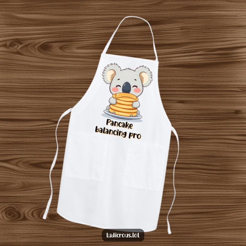Funny koala apron showing a cheerful animal balancing a tower of pancakes on its nose, ideal for hilarious cooking sessions.
