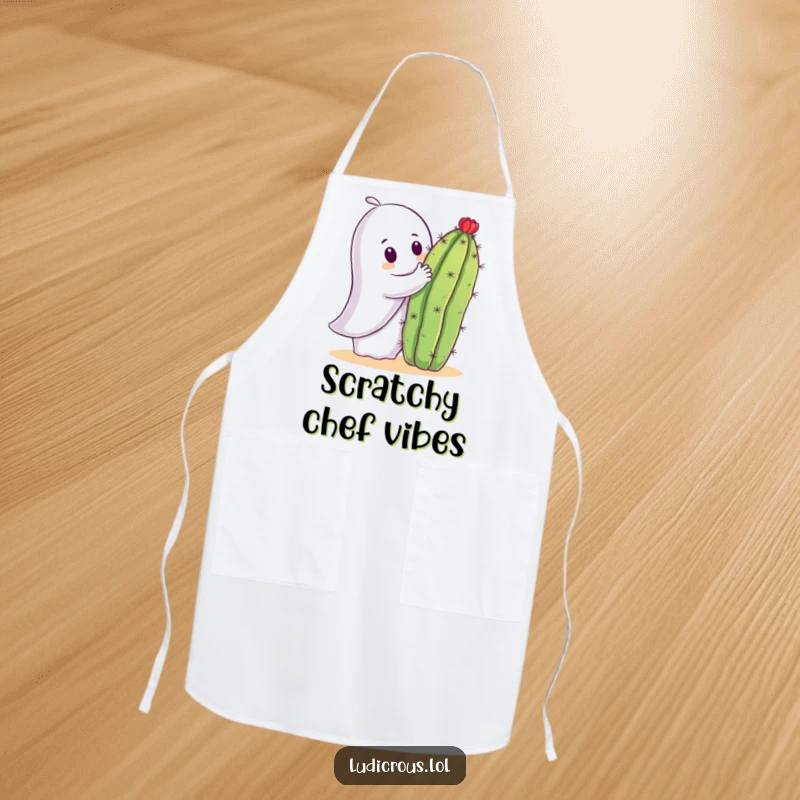 Funny apron graphic of a ghost attempting to hug a sharp cactus, with a comical look of surprise and pain.