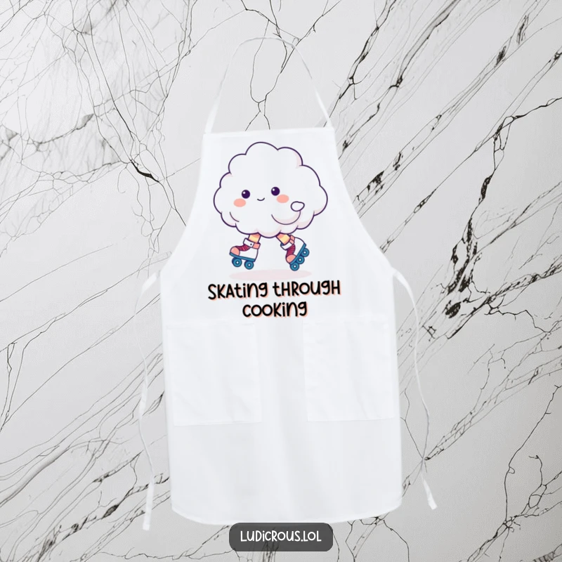 Funny cloud character on roller skates, depicted mid-wobble, a comical and practical apron for kitchen fun.