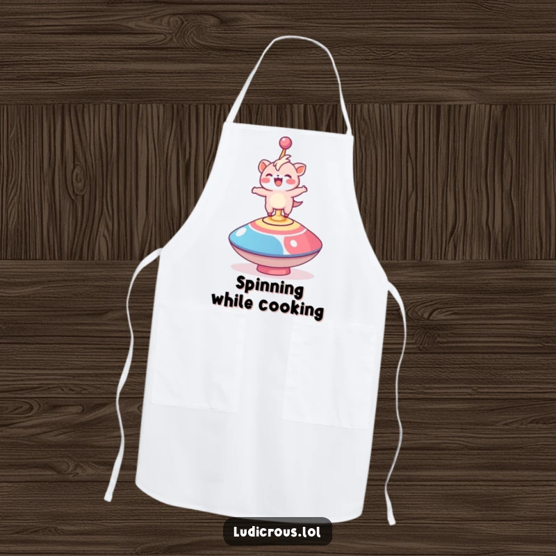Funny apron featuring a delighted creature comically balancing on a giant spinning top, perfect for a playfully energetic cook.