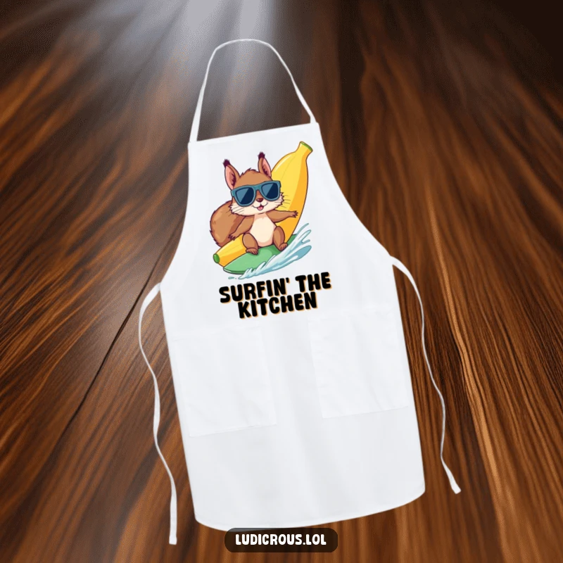 Funny squirrel wearing sunglasses surfs a giant banana on an apron, perfect for humorous kitchen adventures and cooking.