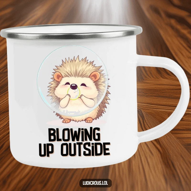 Funny hedgehog camping mug showing a fluffy animal comically attempting to blow an enormous bubble, perfect for adding humor to outdoor adventures.