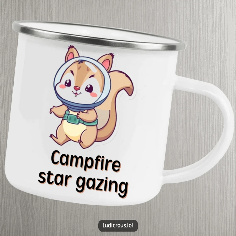 Funny squirrel astronaut camping mug shows a playful squirrel in a tiny helmet floating weightlessly in space.