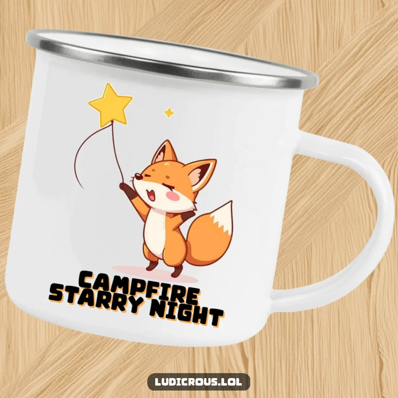 Funny fox lassoing a shooting star on a durable camping mug, ideal for outdoor adventures and magical mornings.