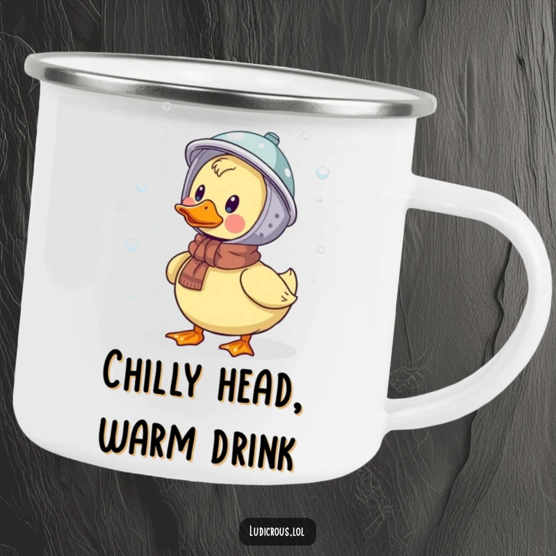 Funny camping mug with a duck wearing a colander helmet, humorously catching snowflakes, designed for outdoor enthusiasts.