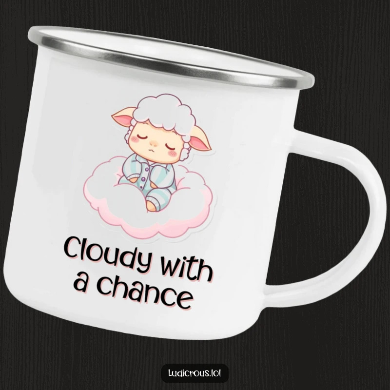 Funny camping mug featuring a sleepy sheep in pajamas, floating on a cotton candy cloud, designed for outdoor laughs and warm drinks.