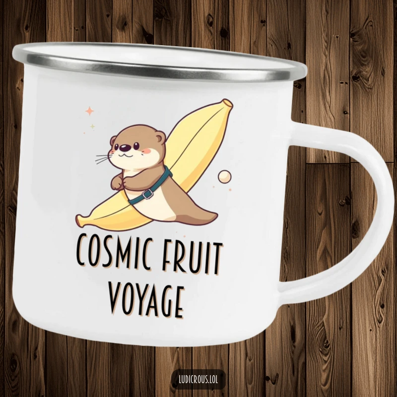 Funny camping mug featuring an otter strapped to a giant banana flying through space, ideal for humorous outdoor adventures and cosmic contemplation.