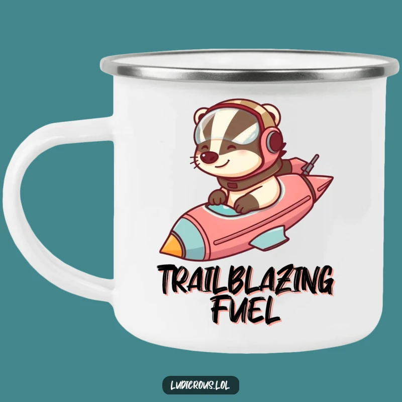 Funny Badger Rocket Fuel Camping Mug: Adventure awaits, sip with humor!