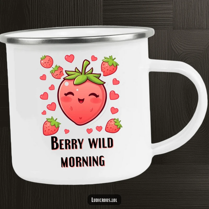 Funny blushing strawberry enamel camping mug winking with its seeds, a rustic and humorous outdoor mug.