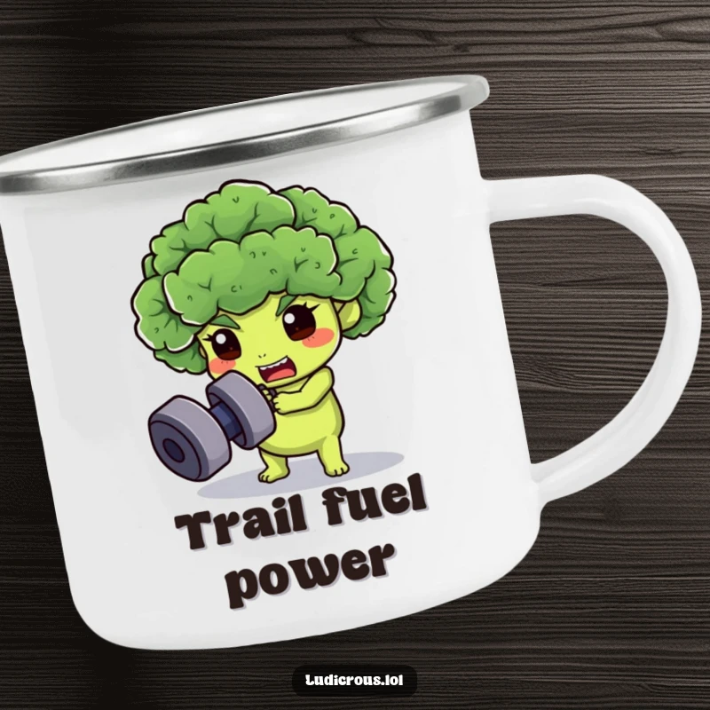 Funny broccoli floret camping mug, determinedly trying to lift a dumbbell, ready for outdoor fitness and laughs.