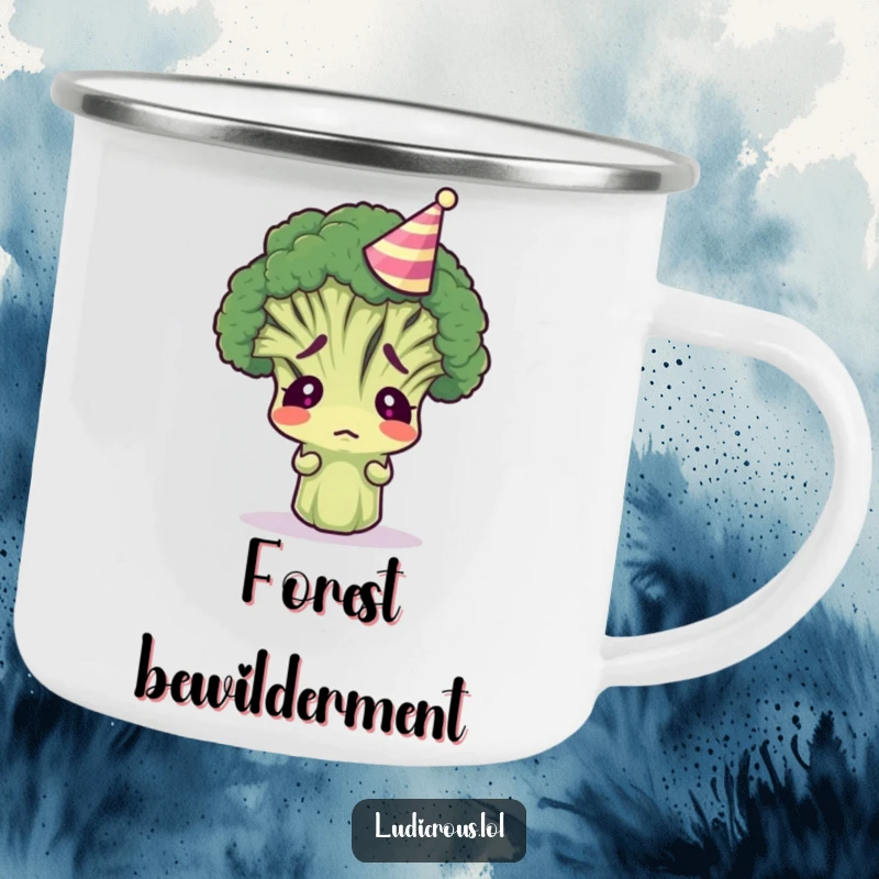Funny broccoli floret wearing a party hat and looking confused on a rugged camping mug, designed for adventurous humor.