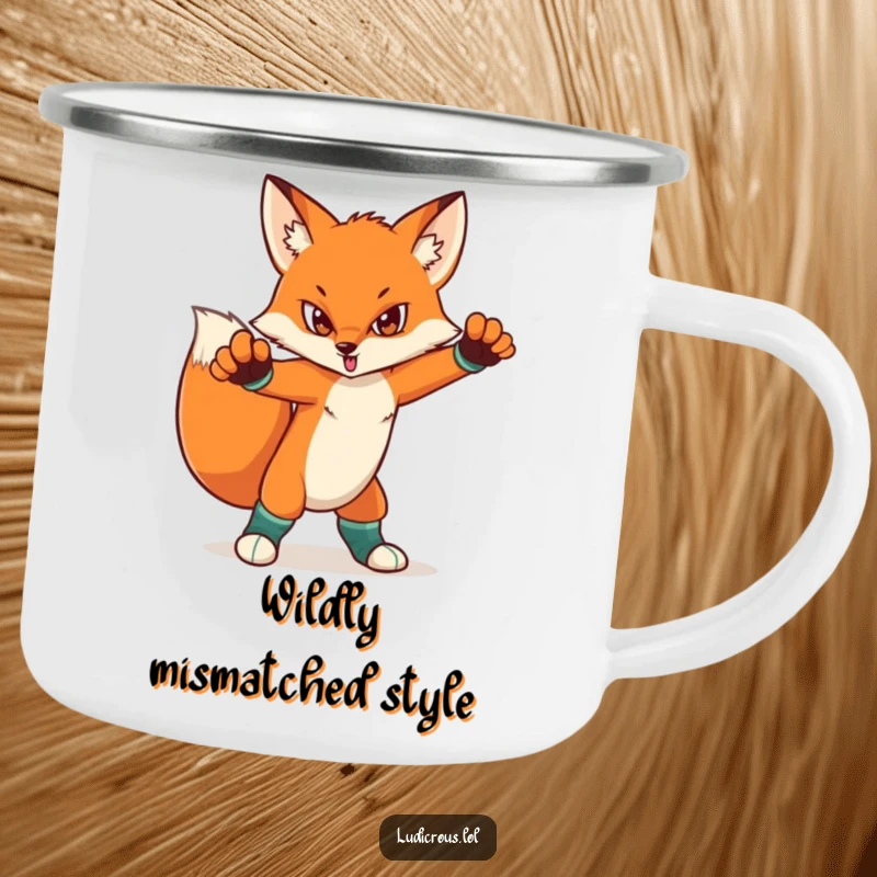 Funny camping mug featuring a determined fox in a dramatic pose with mismatched socks. Durable and humorous drinkware for outdoor enthusiasts.