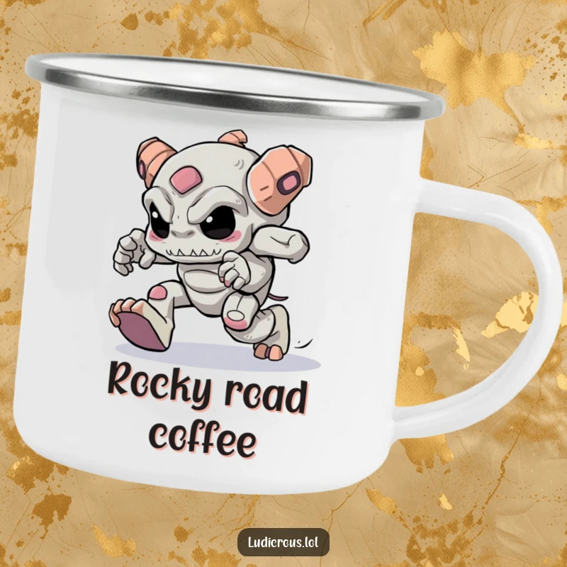 Funny golem with heavy feet trying to skip, a humorous and durable camping mug.
