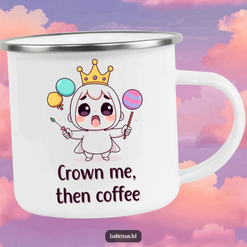 Funny camping mug graphic of a surprised character wearing a tiny crown, comically juggling oversized items, perfect for outdoor fun.