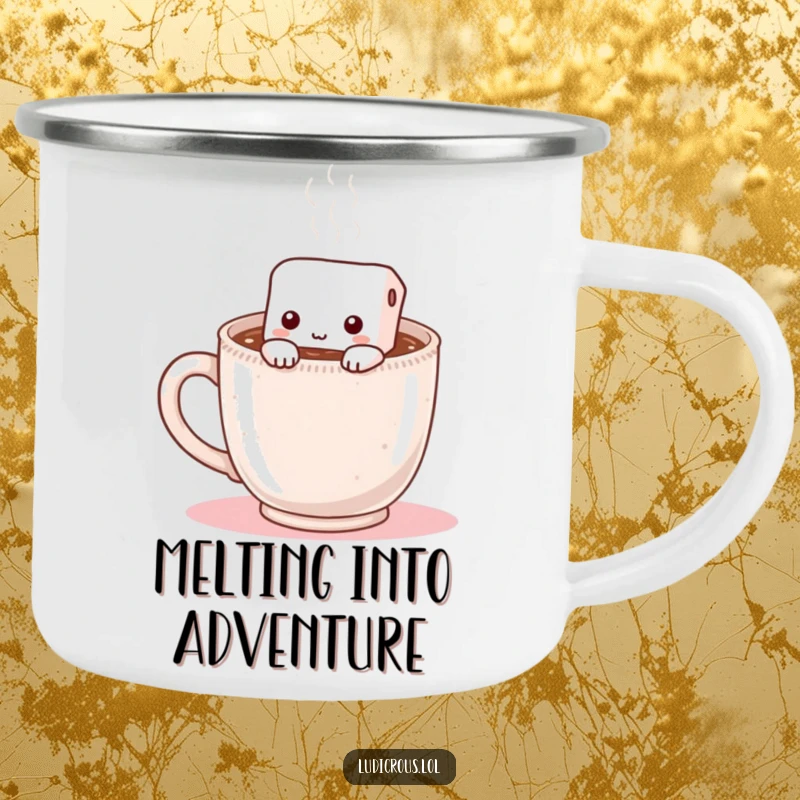 Funny camping mug featuring a shy marshmallow hiding inside a steaming mug of hot chocolate, perfect for enjoying drinks outdoors.