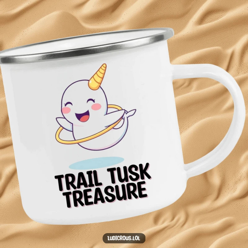 Funny narwhal camping mug showing a laughing narwhal character attempting to hula hoop with its tusk, perfect for outdoor humor.