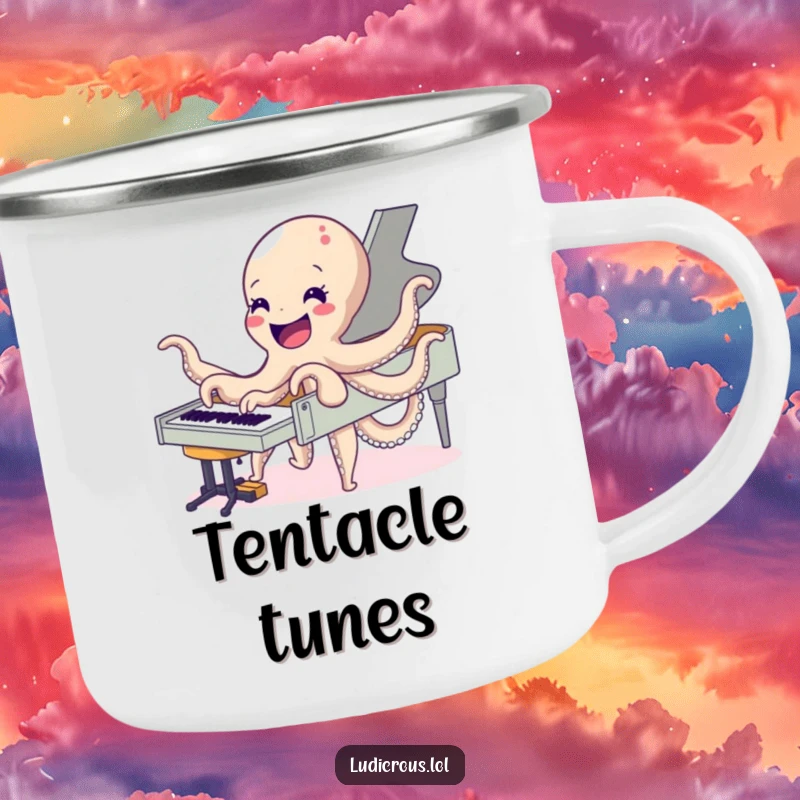 Funny camping mug featuring a delighted octopus playing a piano with all its arms, perfect for outdoor drinks and humorous musical moments.