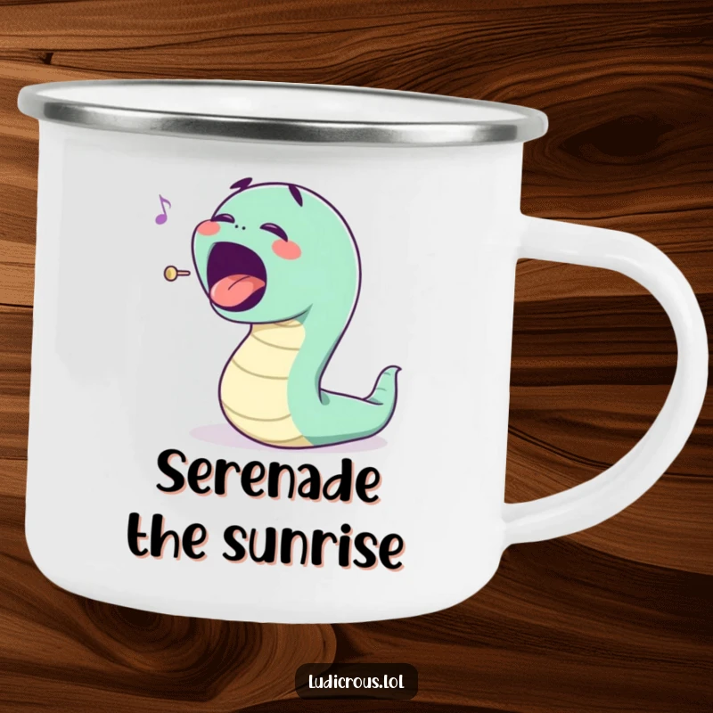 Funny bouncing worm character singing opera with an exaggerated mouth, this funny camping mug is a gift for musicians.