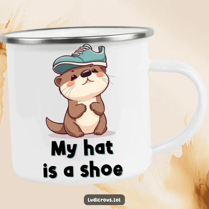 Funny Otter Camping Mug, a curious otter with a shoe on its head, ready for outdoor adventures and campfire stories.