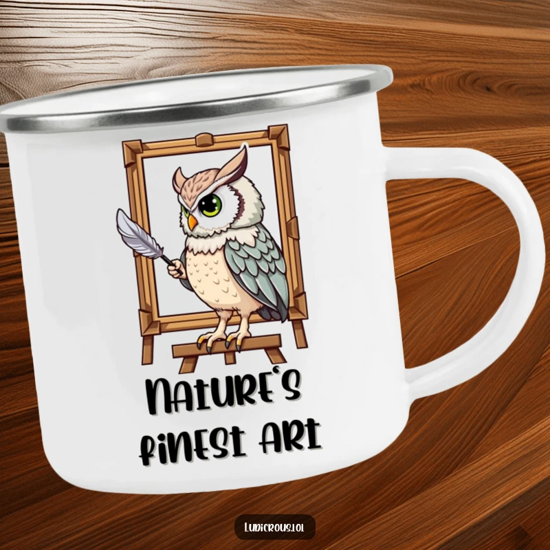 Funny camping mug with a majestic owl humorously painting a portrait using its tail feather, perfect for outdoor artistic inspiration.