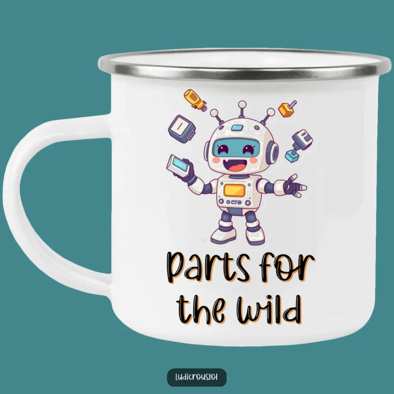 Funny Robot Camping Mug: Cheerful Juggling Parts, Hilarious Outdoor Adventure Gift