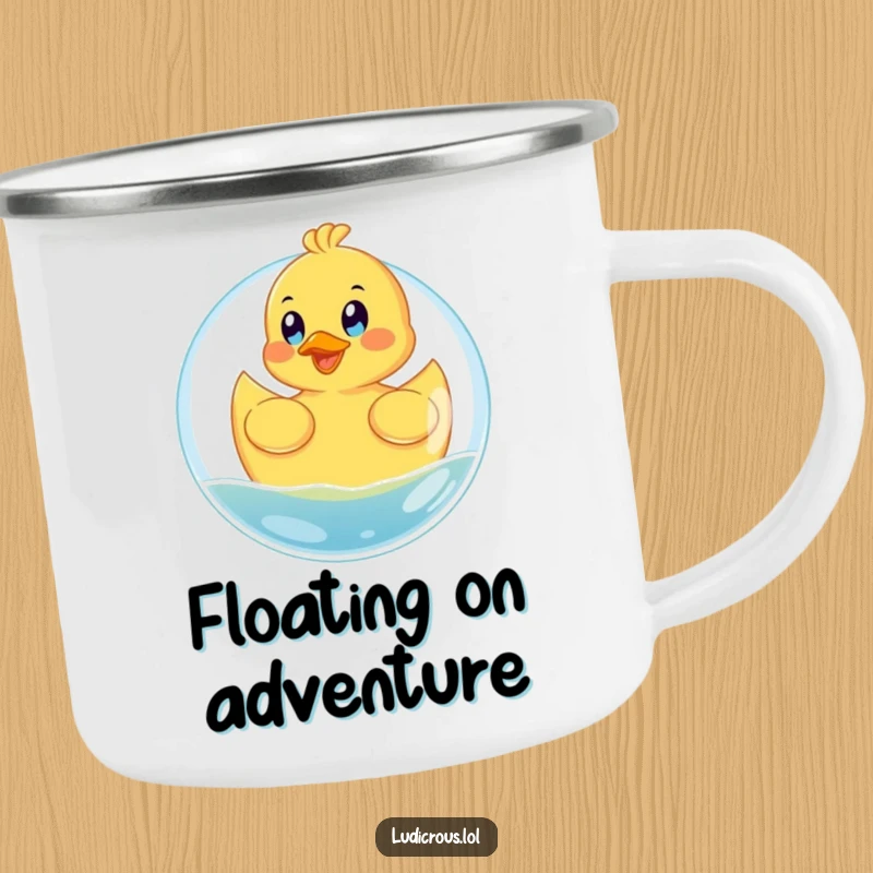 Funny camping mug featuring a happy rubber ducky floating on a giant bubble with eyes wide with glee, perfect for outdoor fun.