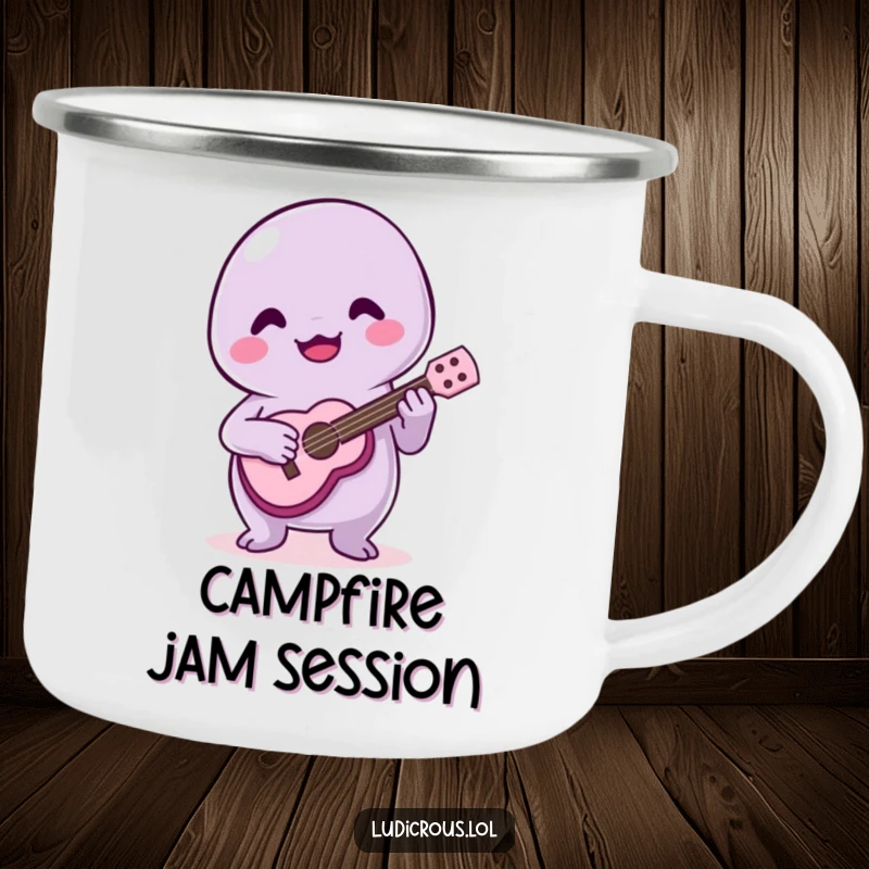 Funny camping mug graphic of a joyful slime creature playing a tiny ukulele poorly, a humorous scene for outdoor lovers.